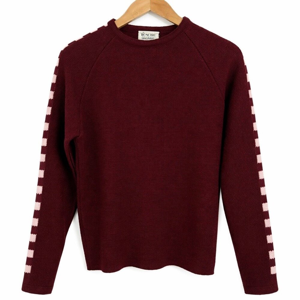 1960s Demetre 100% Wool Burgundy Sweater WPL 9740 M Vintage Checkerboard‎ Trim
